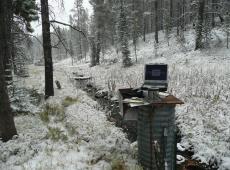 Monitoring streamflow in September on the Upper Sun Creek open channel gauging station, Tenderfoot Creek Experimental Forest.