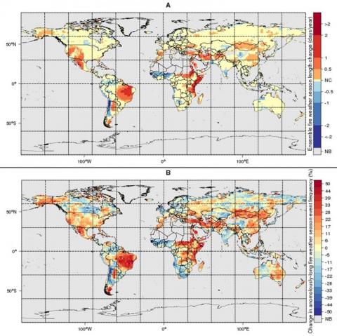 Global patterns of fire weather season length changes from 1979-2013. 