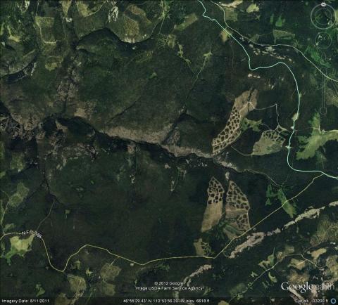 Google Earth image of the Tenderfoot Creek Experimental Forest. Experimental shelterwood harvests are visible in the Spring Park sub-watershed (top right) and the Sun Creek sub-watershed (bottom right).