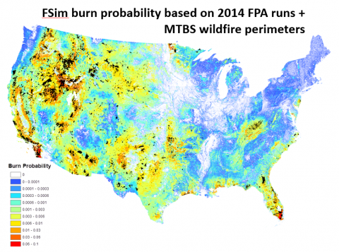 National FSim burn probability map overlayed with actual  wildfire perimeters from MTBS
