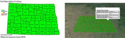 These maps are produced daily as part of the North Dakota fire danger rating system prototype.