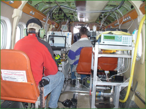 Airborne Laboratory. Gas and particle measurement instruments and flight scientists on the U.S. Forest Service Region 4 Twin Otter aircraft.