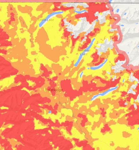 Predicted 2060 fire potential in the North Fork of the Flathead River with further climate change. Red indicates fire every 20 to 100 years; yellow indicates fire intervals of 200 years or more.