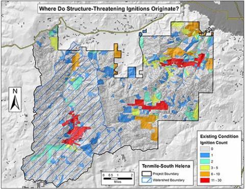 Analysis results indicate the hazard and risk to structures based on ignition location for one of three proposed fuel treatments. This analysis  will help managers on the Helena National Forest select the most effective fuel treatment for the TenMile Watershed project area.