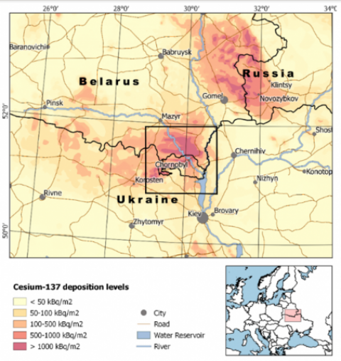 Map of study area showing cesium-137 deposition levels from the reactor explosion in Ukraine, Russia, Belarus, and the simulation study area around the Chernobyl exclusion zone.