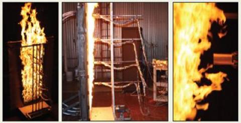 Convection heat transfer requires flames to contact adjacent fuels. Discontinuous fuels (e.g. shrub and tree canopies) require flames to extend across gaps between fuel clusters. The vertical flame wall with its high sample rate heat flux sensors (shown) and thermocouples are used to describe flame turbulence and thus the flame position and duration. Diffusion flames are produced using buoyantly neutral ethylene fuel gas.