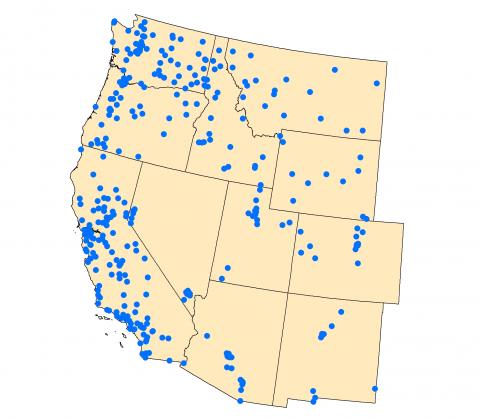 Figure 1. Location of the 354 regulatory air monitoring sites in the western US that reported hourly PM2.5 concentrations in 2020.