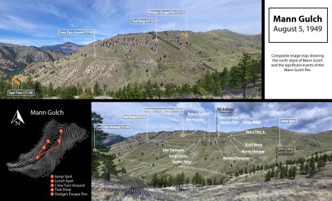 Composite image map showing the north slope of Mann Gulch and the signicant events of the Mann Gulch fire.